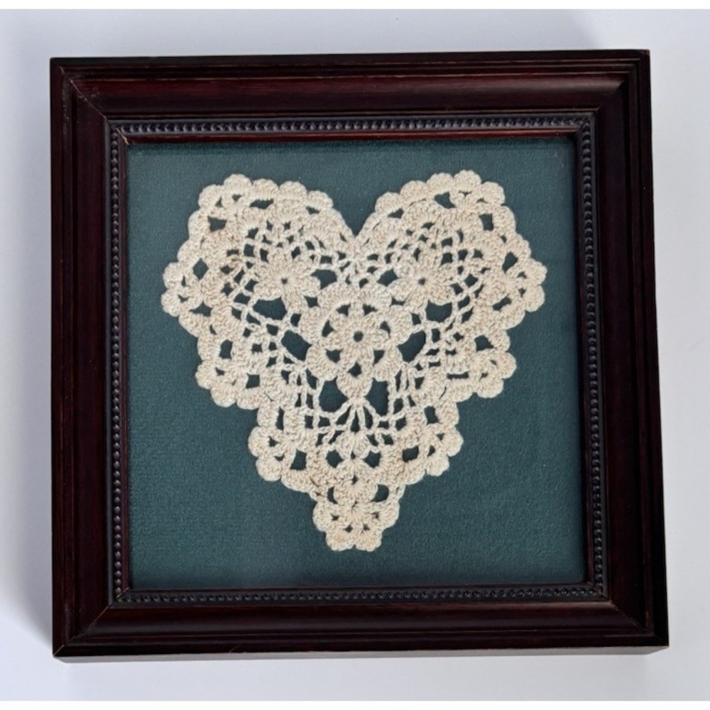 Framed Handmade Heart-shaped Crochet Doily Vintage Decor 1993 6" x 6"